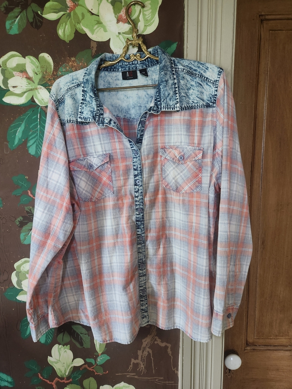 ALC Woman 3X Plaid Button Front Shirt Acid Wash Denim Yoke Western Plus Size